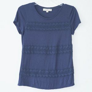 Ann Taylor Loft Layered Crochet Lace Striped Tee